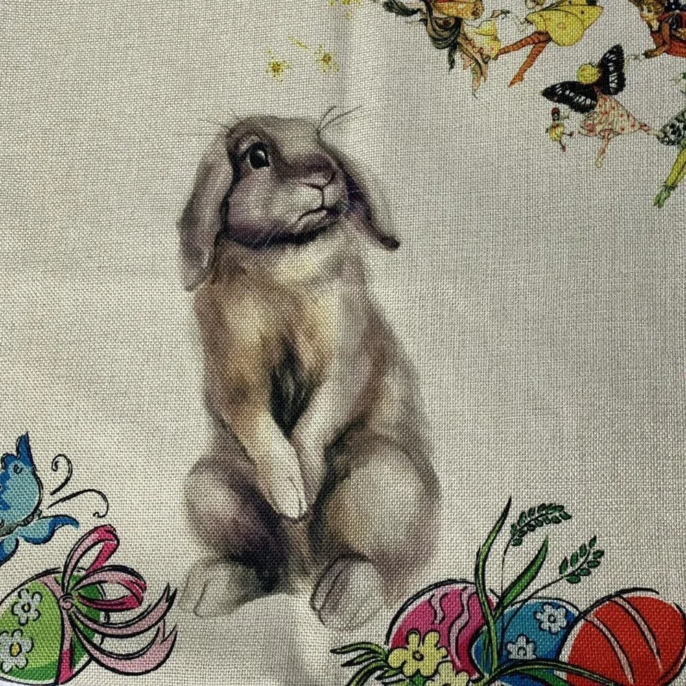 Easter Bunny Eggs Fairies Woven Pillow Cover Square Butterfly 17.5” x 18”